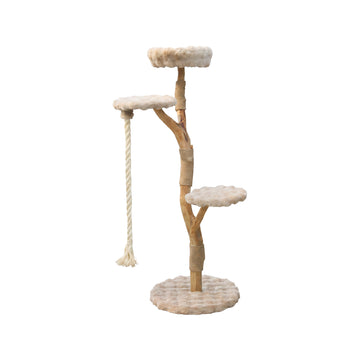 Natural Wood Cat Tree with Three Platforms and Hanging Rope - Cream