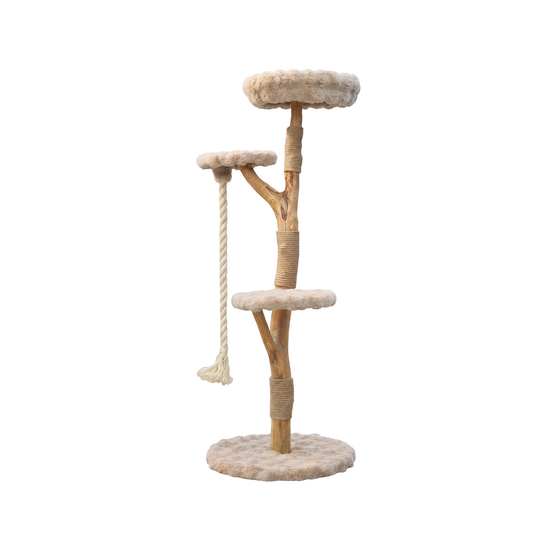 Natural Wood Cat Tree with Three Platforms and Hanging Rope - Cream