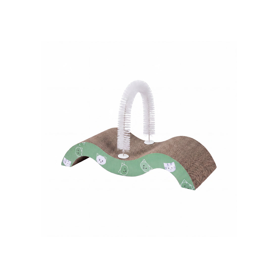 Wave-Shaped Corrugated Cardboard Cat Scratcher with Grooming Brush - Kraft